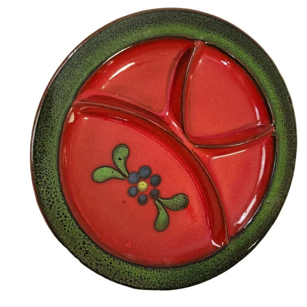 Majolica Ceramic Divided Clay Pottery Plate Red Green Floral MCM Bold